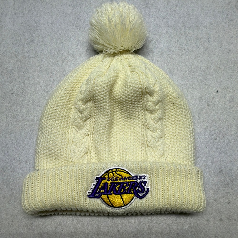 Los Angeles Lakers Beanie Hat Cream Cable Knit Pom New Era NBA Womens